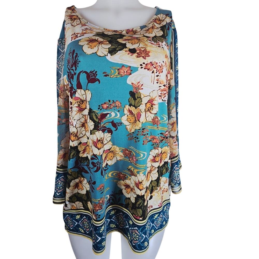 Chico's Turquoise Beige Floral Sheer Sleeve Women's Blouse 2-M-12